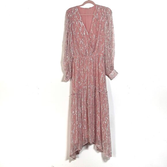 Ramy Brook Ora Metallic Print Maxi Dress Sz SP Pink Long Sleeve Crossover V-Neck - Picture 4 of 16